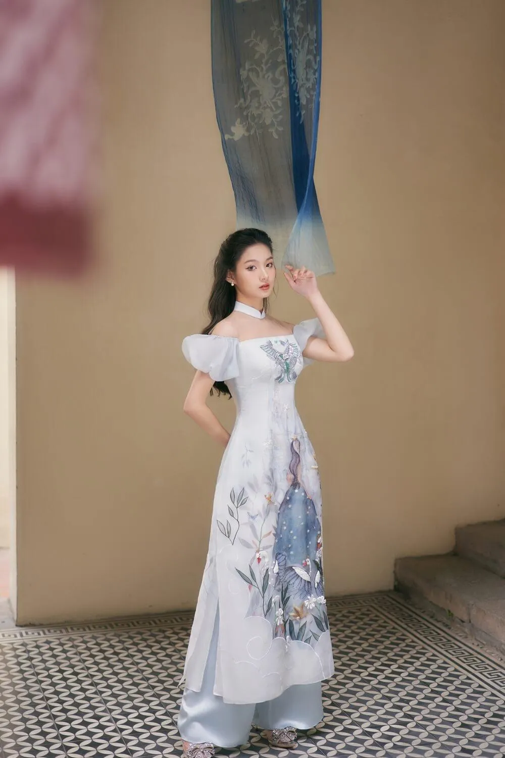 Vivify Fitted Cold Shoulder Sleeved Organza Long Length Ao Dai