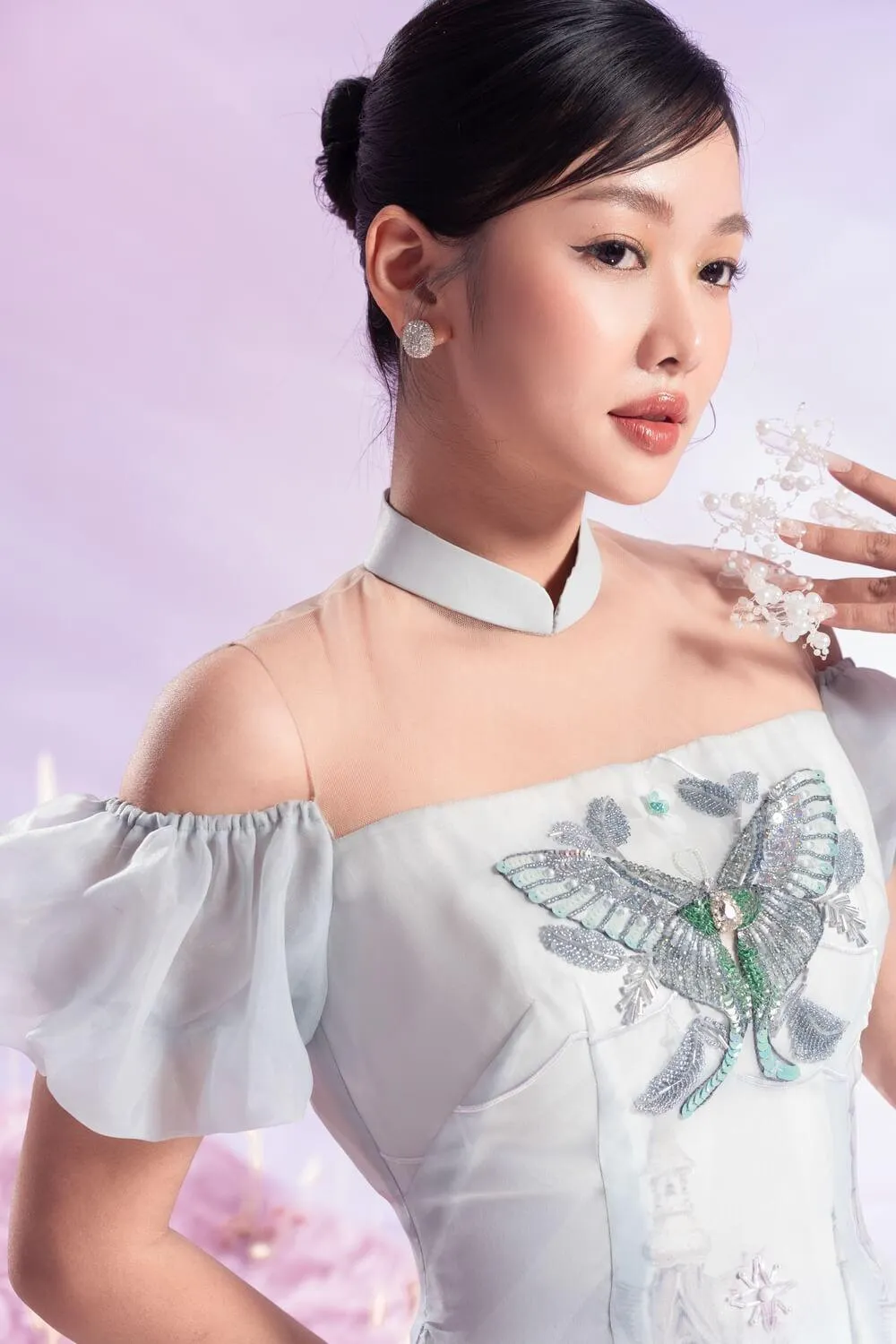 Vivify Fitted Cold Shoulder Sleeved Organza Long Length Ao Dai