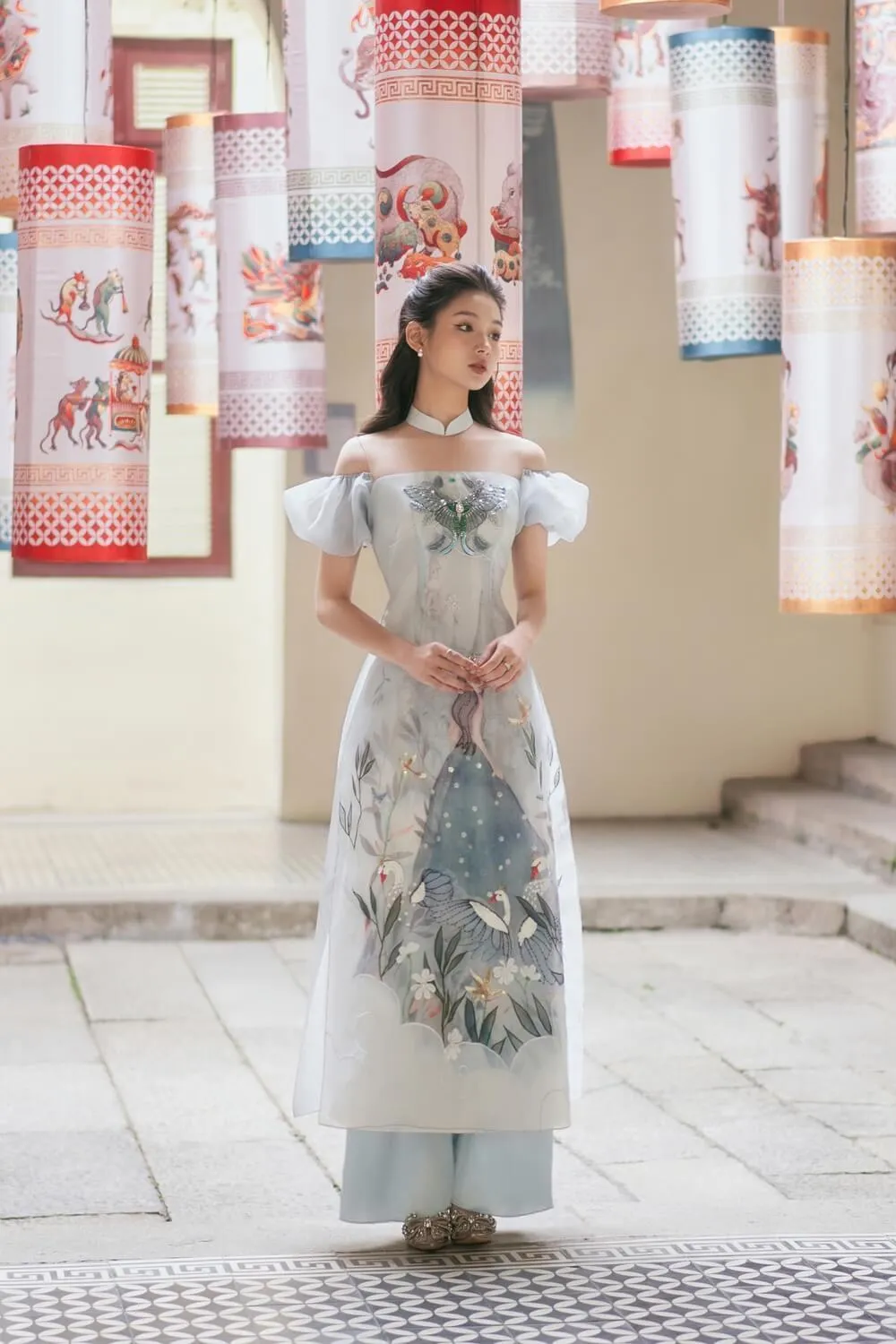 Vivify Fitted Cold Shoulder Sleeved Organza Long Length Ao Dai