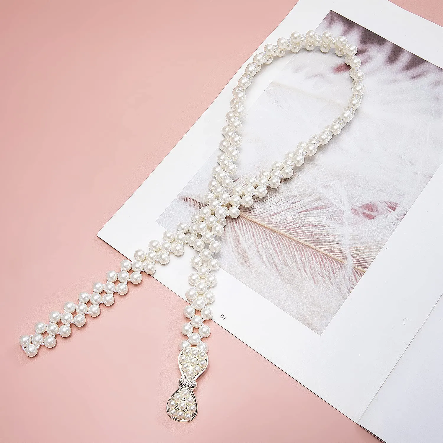 White Pearl Rhinestone Flower Women's Dress Belt Pearl Bridal Beaded Shiny Diamond Waist Chain