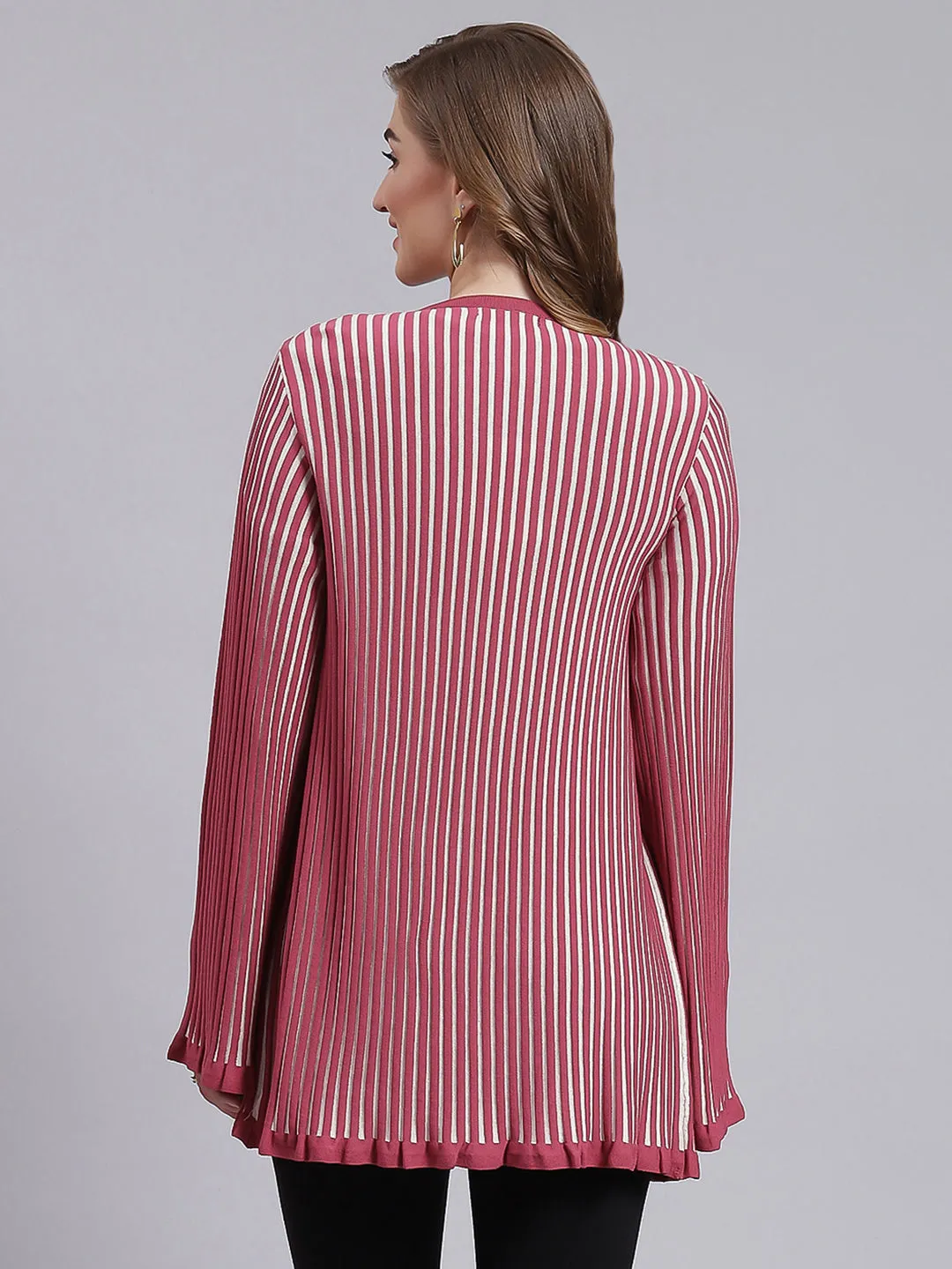Women Dark Pink Stripe Wool blend Cardigan