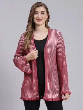 Women Dark Pink Stripe Wool blend Cardigan