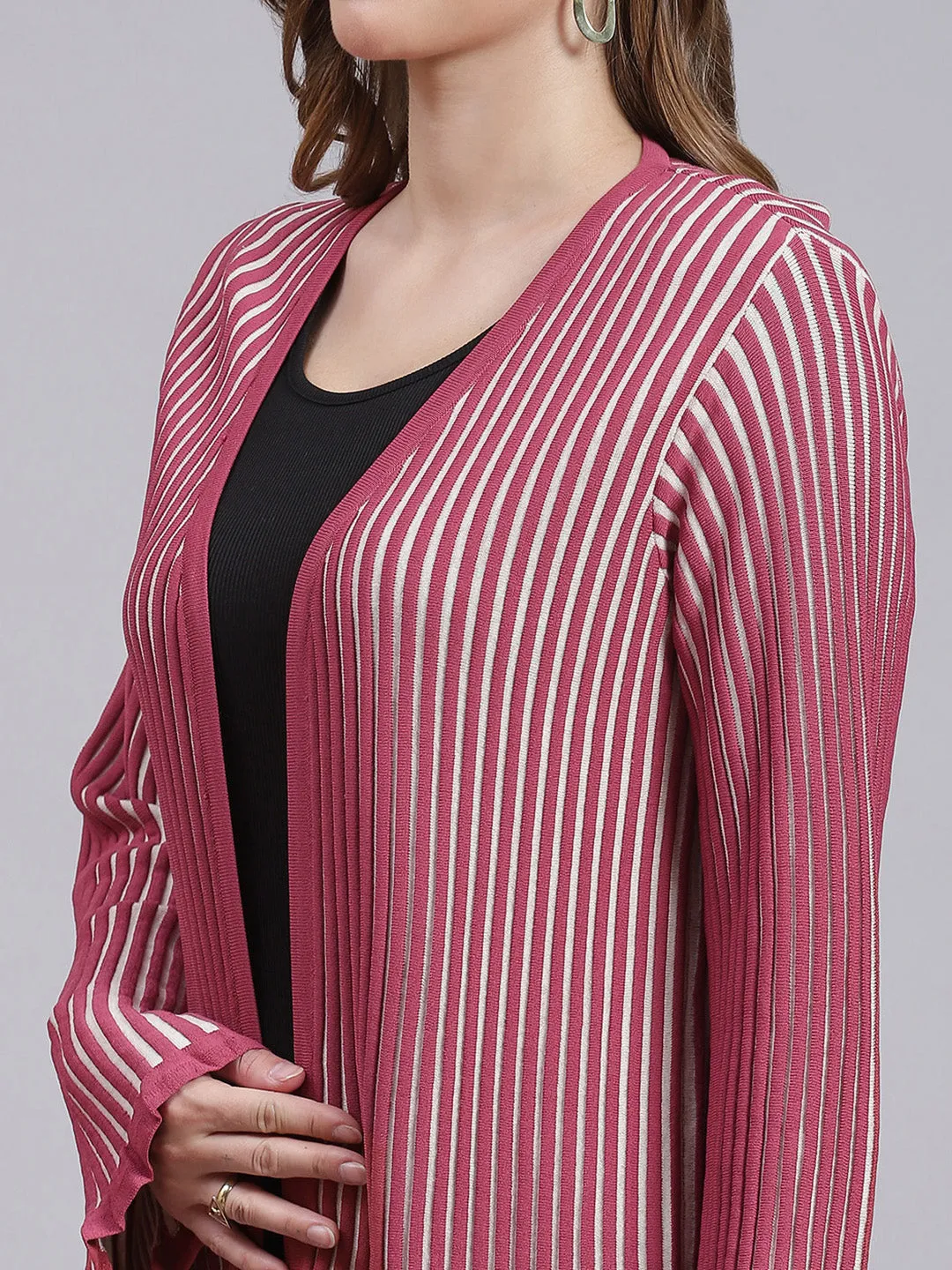 Women Dark Pink Stripe Wool blend Cardigan