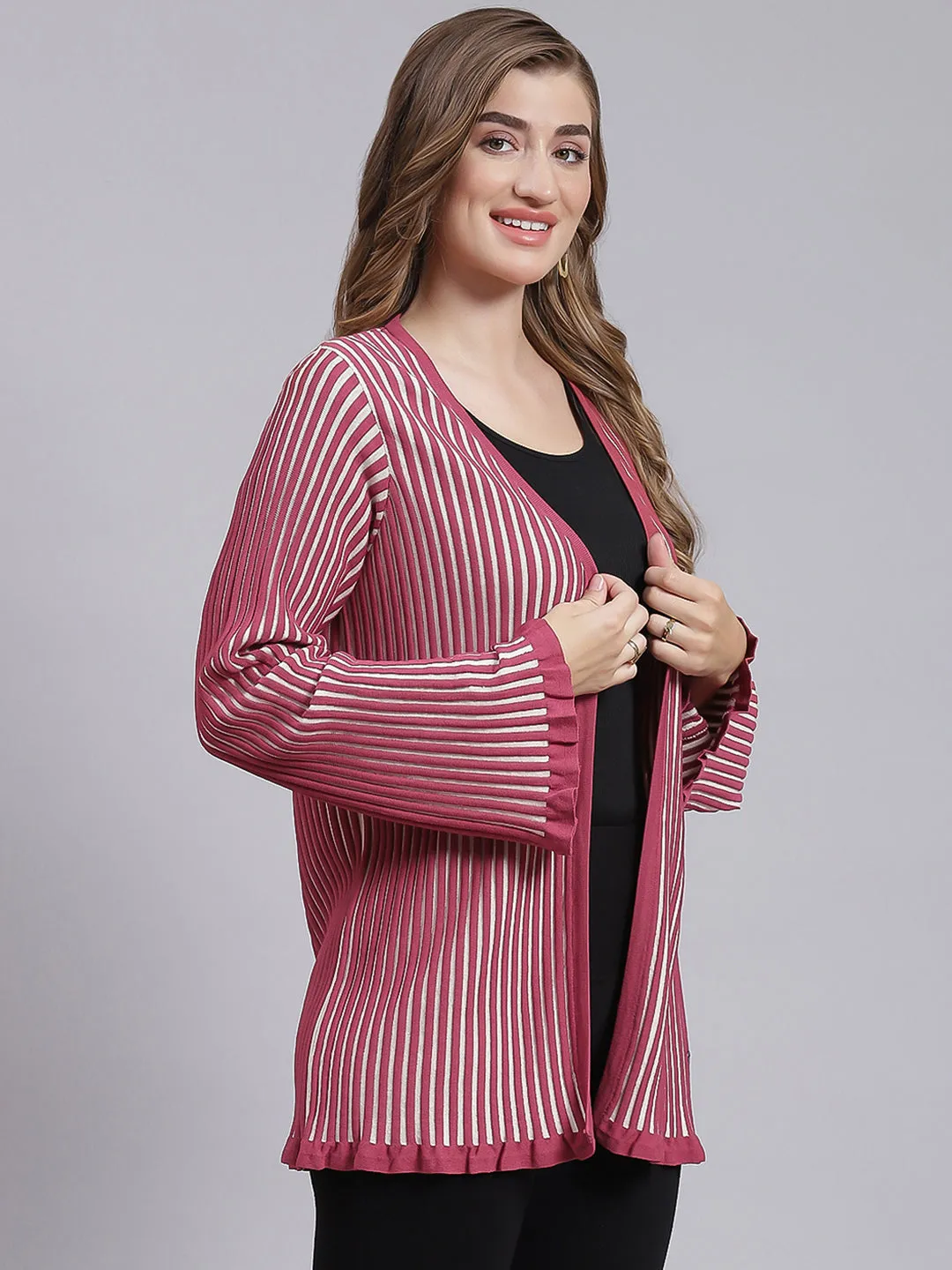Women Dark Pink Stripe Wool blend Cardigan