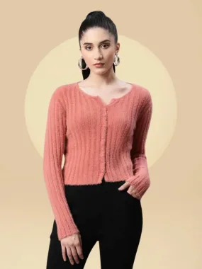 Women Feather Blush Pink Knit Slim Fit Casual Cardigan