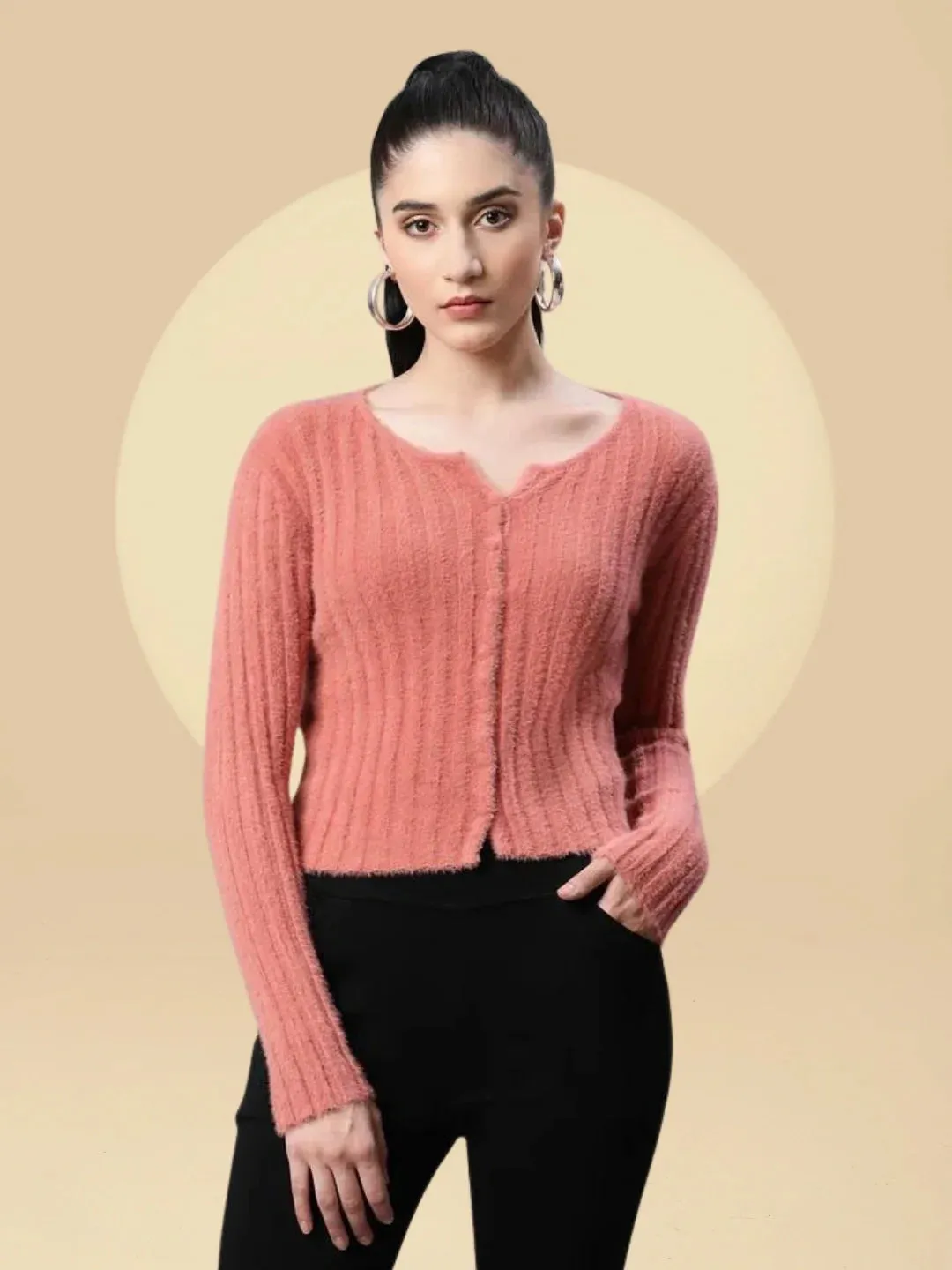 Women Feather Blush Pink Knit Slim Fit Casual Cardigan