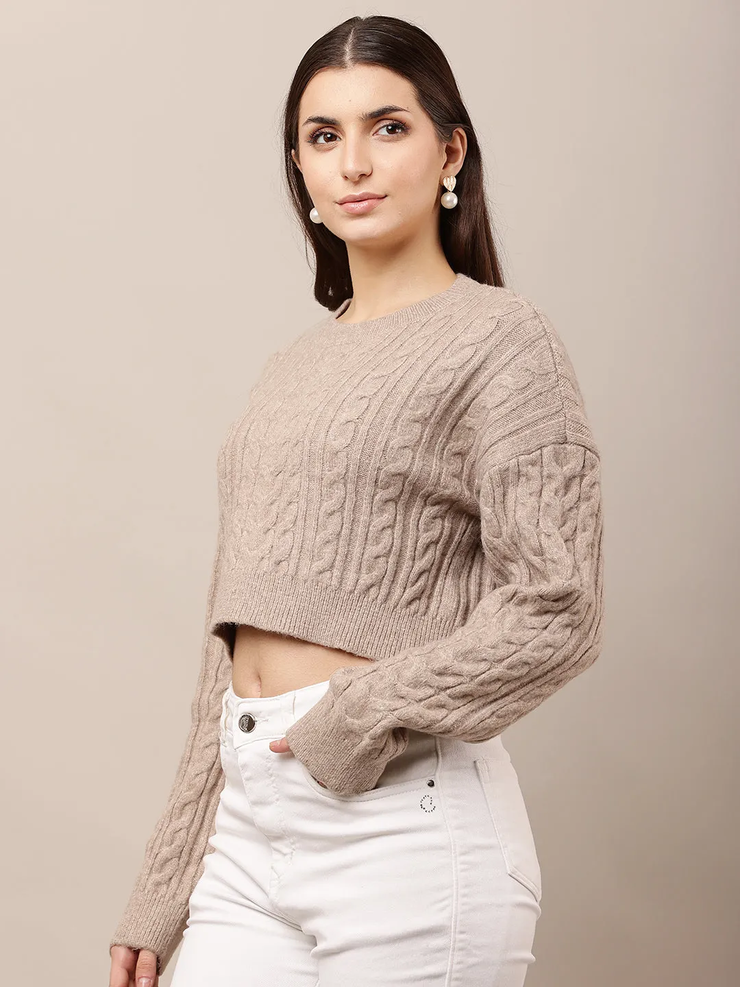 Women Light Brown Crop Round Neck Sweater