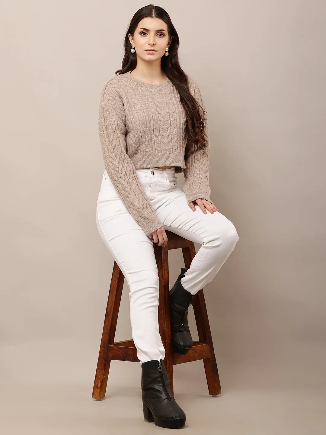 Women Light Brown Crop Round Neck Sweater