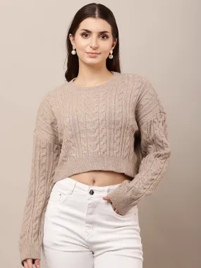 Women Light Brown Crop Round Neck Sweater