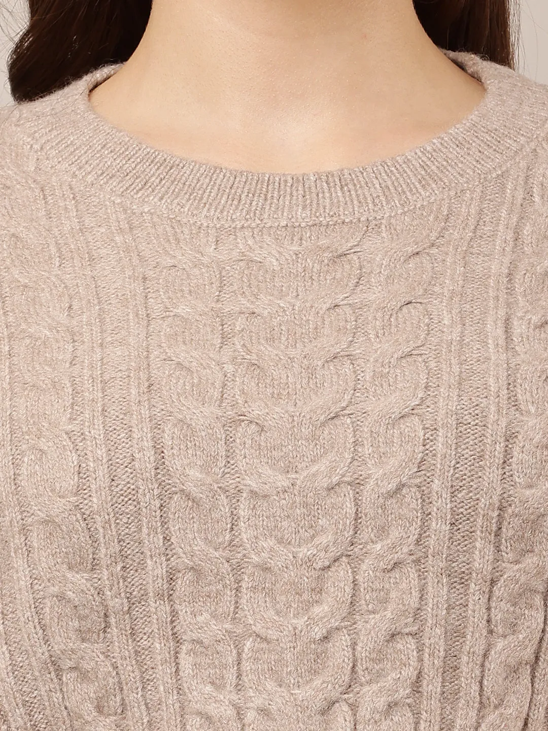 Women Light Brown Crop Round Neck Sweater