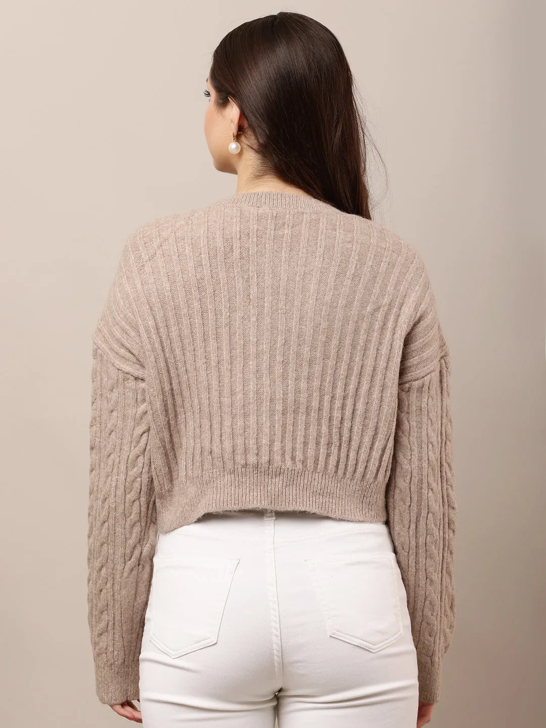 Women Light Brown Crop Round Neck Sweater