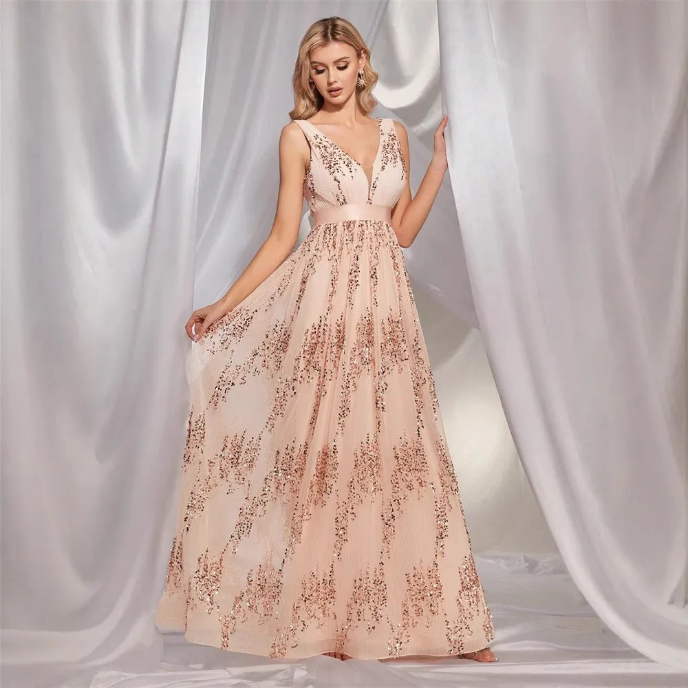 Women V neck Sequin Patchwork Evening Dress