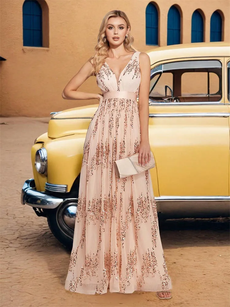 Women V neck Sequin Patchwork Evening Dress