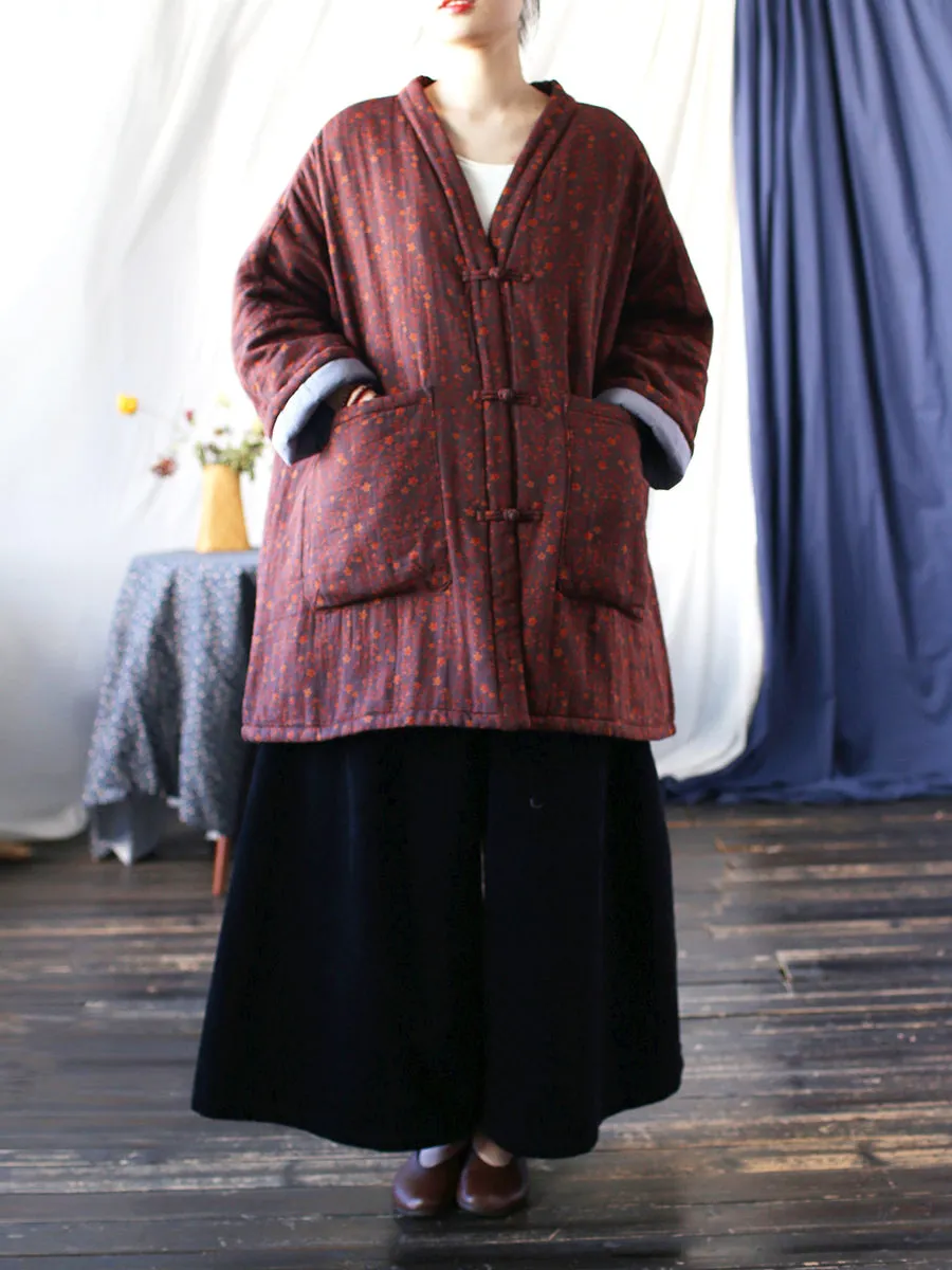 Women Winter Vintage Floral V-neck Cotton Padded Coat