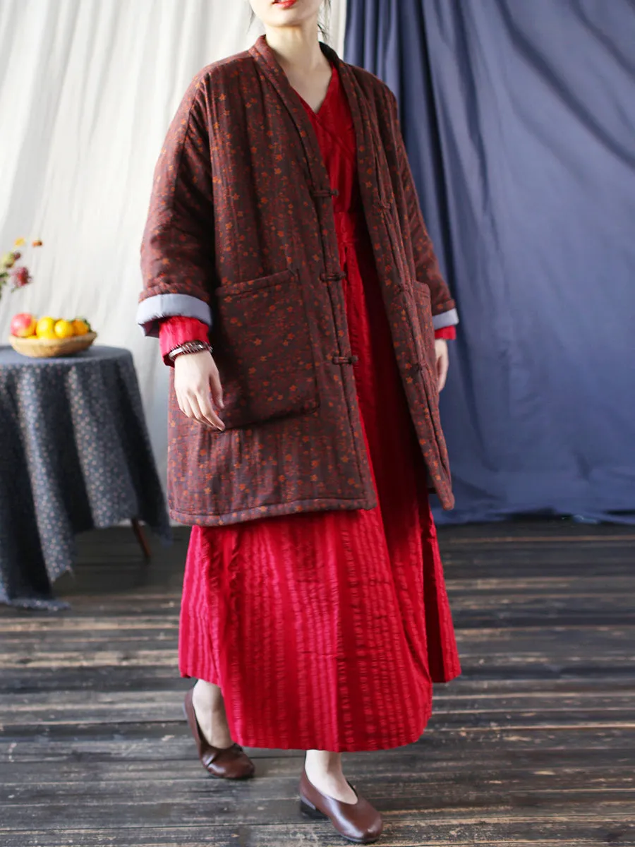 Women Winter Vintage Floral V-neck Cotton Padded Coat