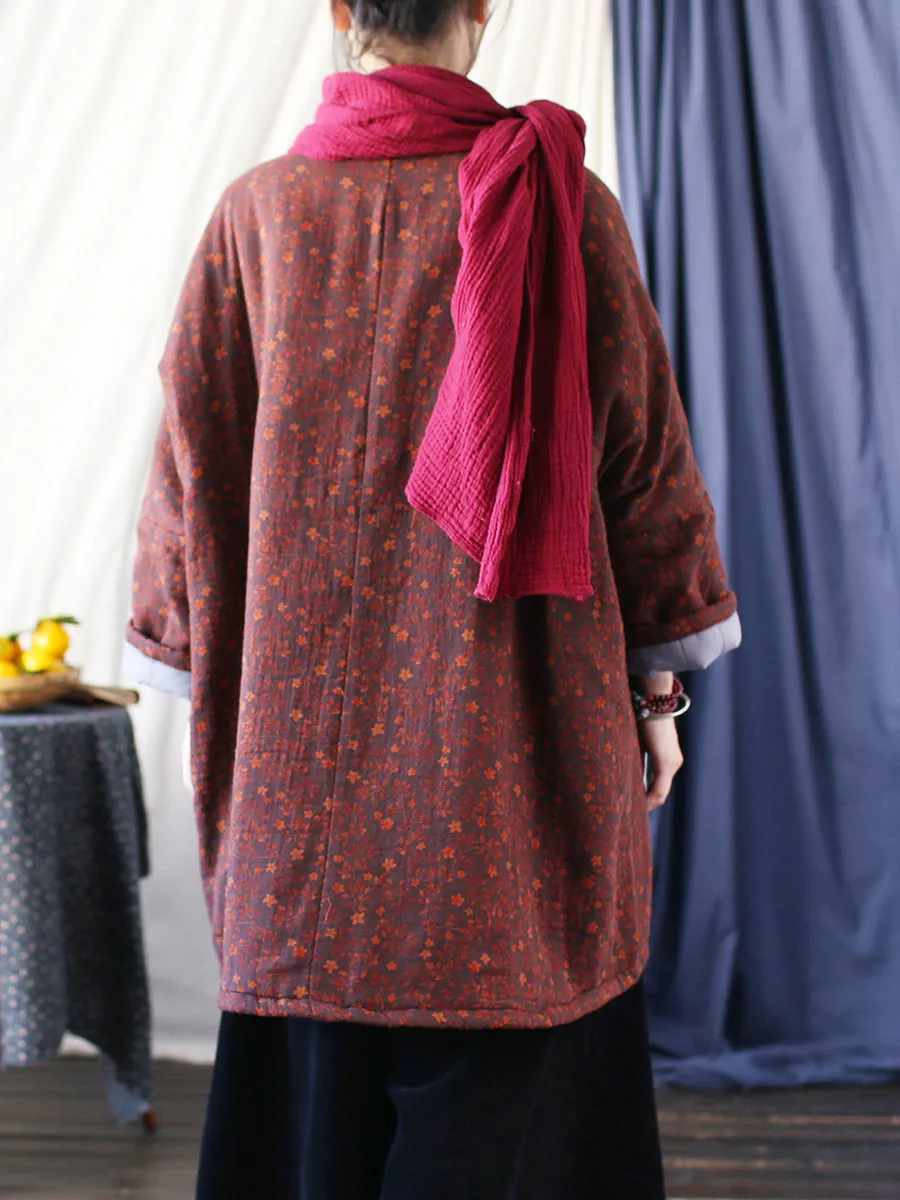 Women Winter Vintage Floral V-neck Cotton Padded Coat