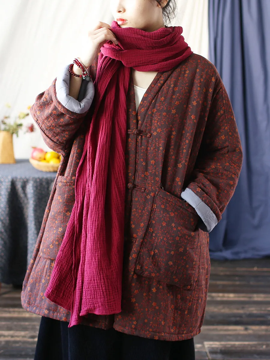 Women Winter Vintage Floral V-neck Cotton Padded Coat