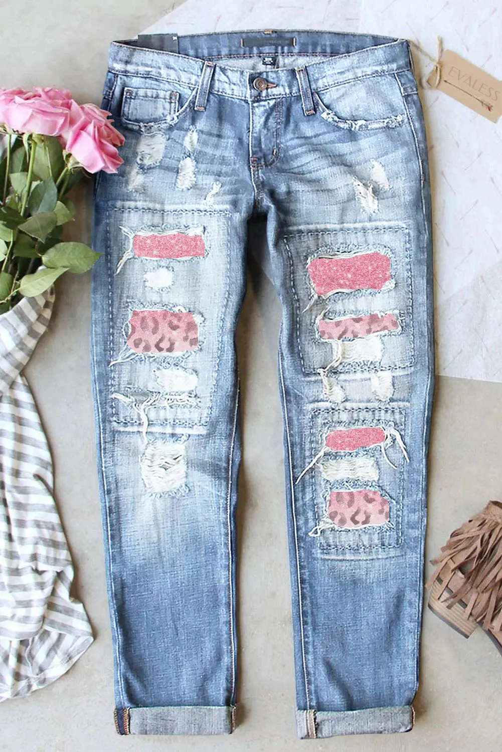 Women's Glitter Ombre Pink Leopard Jeans Ripped Jeans Distressed Boyfriend Graphic Patch Jeans
