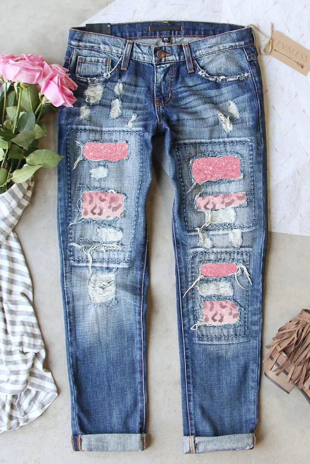 Women's Glitter Ombre Pink Leopard Jeans Ripped Jeans Distressed Boyfriend Graphic Patch Jeans