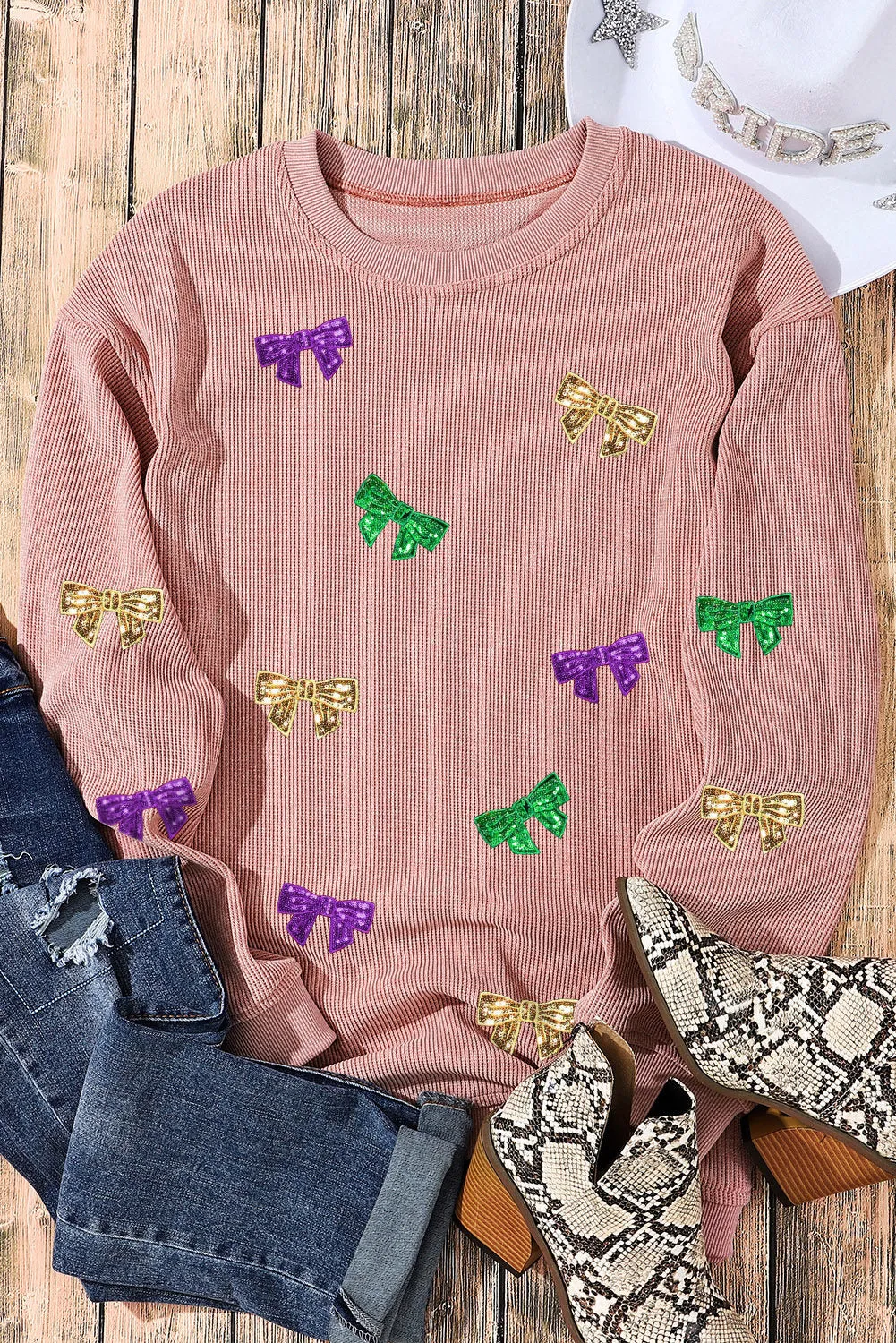Women's Mardi Gras Sequin Bow Knot Drop Shoulder Corded Sweatshirt