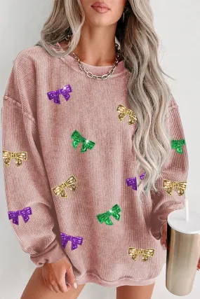 Women's Mardi Gras Sequin Bow Knot Drop Shoulder Corded Sweatshirt
