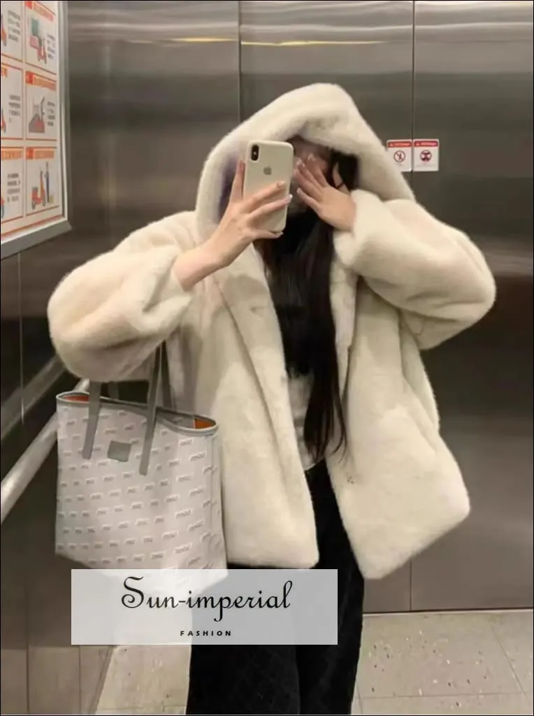 Women's Oversized Apricot Hooded Faux Fur Coat