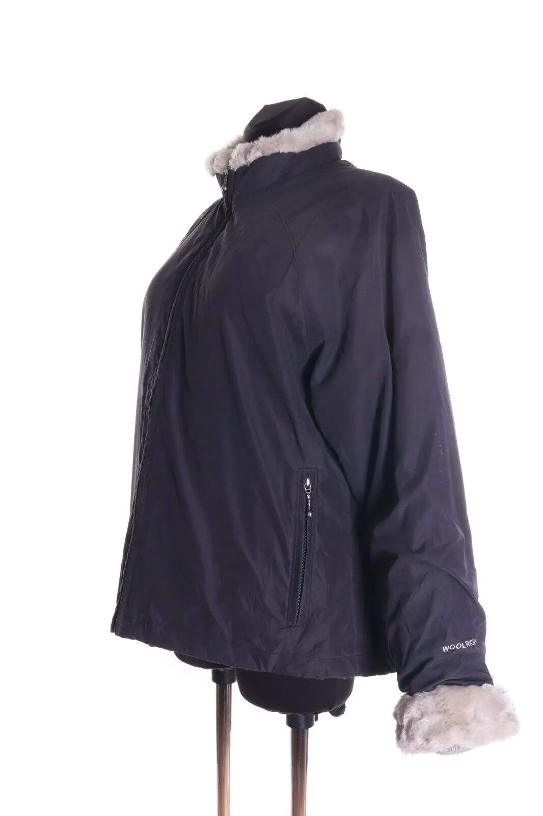 Women's WOOLRICH Charcoal Black Faux Fur Padded Boulder Jacket Coat Size L