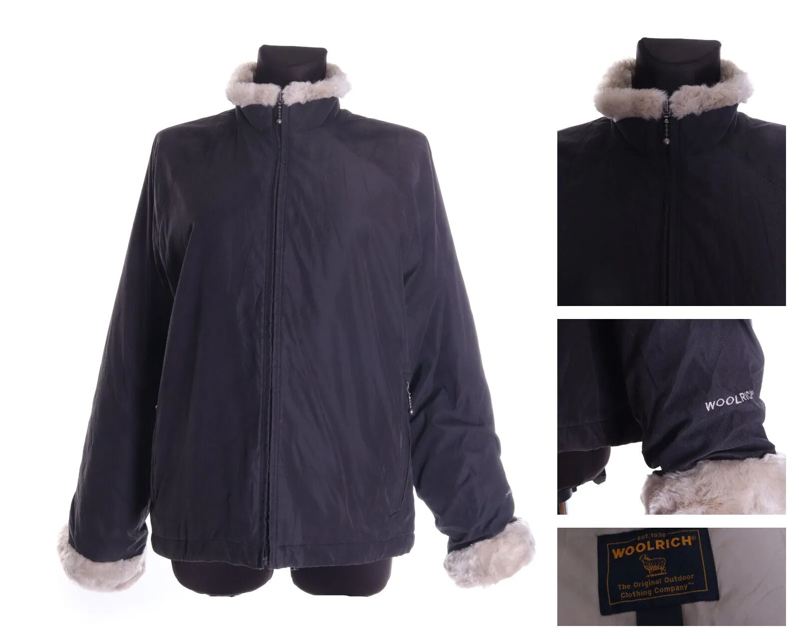 Women's WOOLRICH Charcoal Black Faux Fur Padded Boulder Jacket Coat Size L