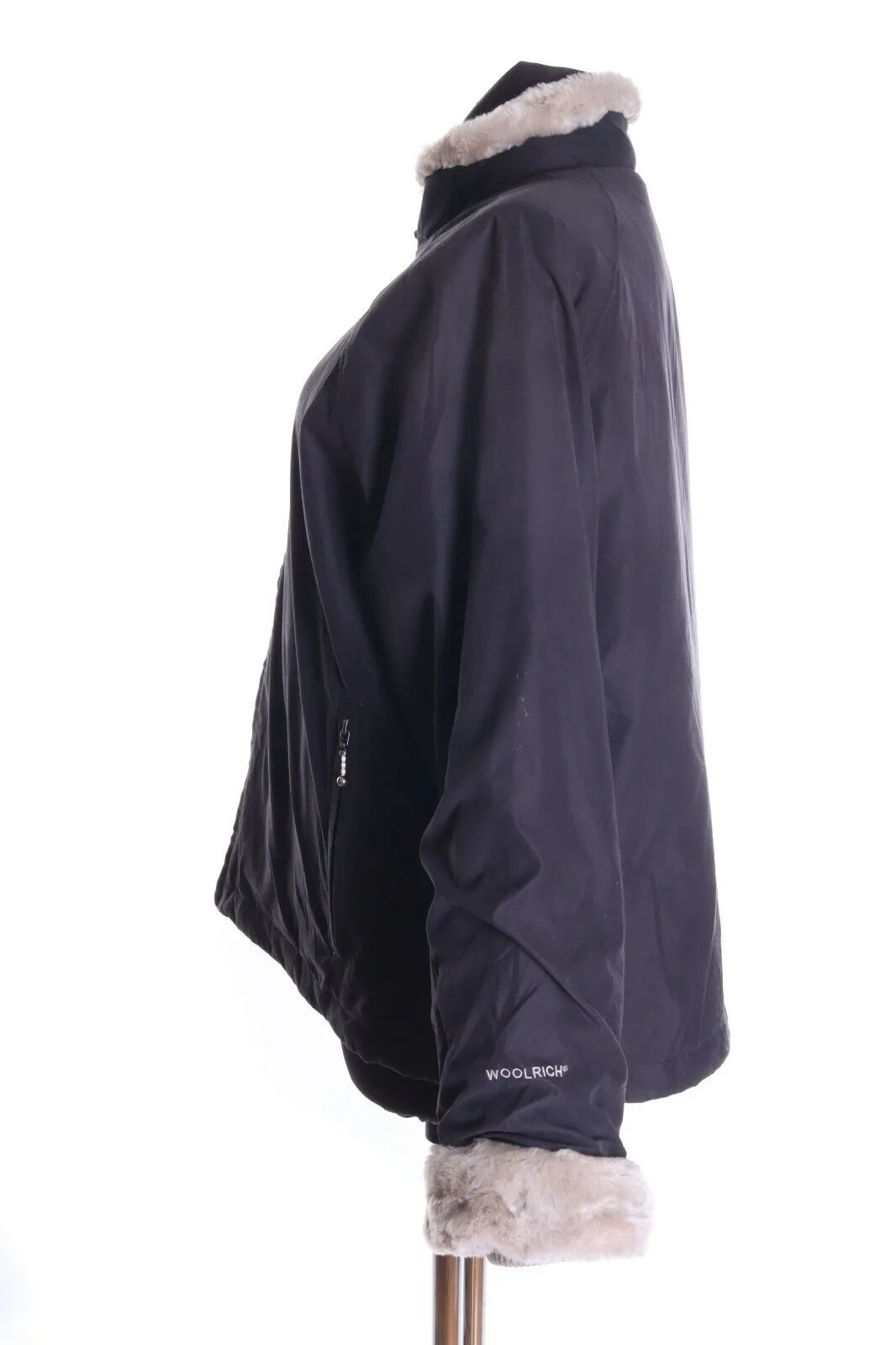 Women's WOOLRICH Charcoal Black Faux Fur Padded Boulder Jacket Coat Size L